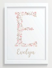 Personalised Initial Wall Print Nursery Floral Pink Baby Girls Room Decor A4
