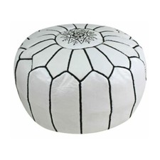 LEATHER POUF MOROCCAN OTTOMAN FOOTSTOOL GENUINE UNSTUFFED ROUND HANDMADE WHITE