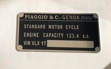 DATA PLATE FITS TO VINTAGE CLASSIC PIAGGIO VESPA PX150 Regd as 125 Scooter