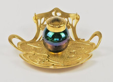 Art Nouveau Geschutzt Viennese Bronze Inkwell with Art Glass Antique