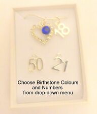 BirthStone Heart Necklace + Number Charm OR Initial Charm in Gift Box & Bag