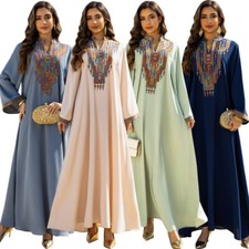 Moroccan Muslim Women Embroidery Abaya Long Dress Dubai Kaftan Robe Party Gown