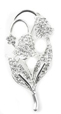 Flower Brooch  Silver Tone Crystal Snow Drop Flower with Leaves -no 85
