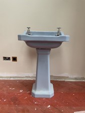 Vintage Retro Blue Armitage Shank Edwardian Art Deco Basin / Sink & Pedestal