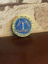 1 year AA sobriety coin with black velvet presentation box. 30mm metal coin