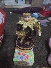 Vintage Porcelain Jester Clown Harlequin Musical Figure Rare Jewellery Box Music