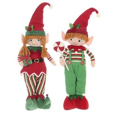Christmas Elf Figure Decoration Standing Ornament Green Red Fabric Boy Girl 79cm