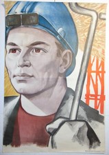 BIG Original 1978 Soviet Steelworker propaganda Socialist Realism Poster art