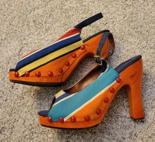 Vintage 1960s/70s Wooden Soled, Striped Heels, Slingback Platform Shoes
