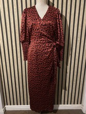 Long Red Satin Leopard Print Wrap Dress By Glamorous Size 12