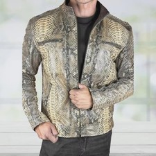 Men's  Python Snake Embossed Premium Cow skin Brown Leather Jacket