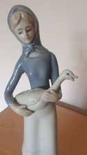 Porcelain Figurine Lady Holding Goose Blue White Woolbro 29cm Collectable 