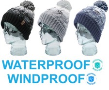NEW Ladies Mens Unisex Adults WATERPROOF Winter Bobble Beanie Hat Thermal Lining