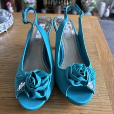 BHS Women’s Jade Green Satin Peep Toe Shoes With Roses Detail Size 6 New
