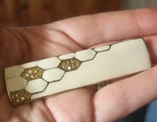 Modern Art Deco Pierre Bex Style Cream Enamel & Gold Glitter Brooch