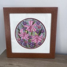 Vintage Framed Floral Needlepoint Lilly Pink Tapestry Country Cottage Flowers