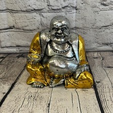 Silver And Gold 18cm x 15cm Large Chinese Buddha Sitting On Lotus Statue Resin