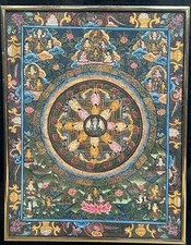 A Vintage Tibetan Mandala Thangka, Hand Painted with central eight-spoked Dharma