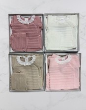 NEWBORN BABY GIRL SPANISH KNITTED OUTFIT GIRLS PINK WHITE BOXED PRAM GIFT SET *