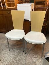 Modern Metal Frame High Wood Back Dining Chairs x 2 Cream Faux Leather Seats