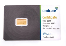 1g .999 fine Gold UMICORE Bullion Bar. Solid pure 24k gold for investment/gift
