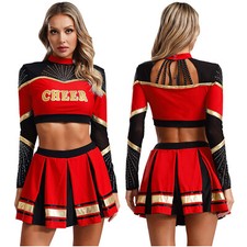 UK Women Sequins Crop Top with Pleated Skirt Set Dancewear Cheerleading Outfit 