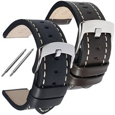 Genuine Calf Leather Padded Thick Watch Strap Black Brown Size 18mm - 24mm