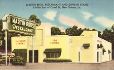 Martin Brothers Restaurant and Drive-In Stand- New Orleans Linen Postcard