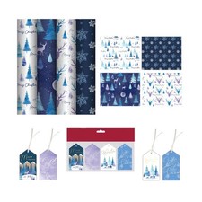 4 x 4M Blue Christmas Wrapping Paper Rolls Midnight Forest Gift Wrap & 16 Tags