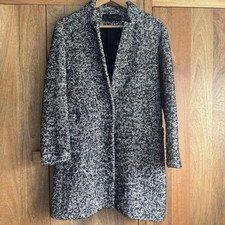 ZARA Duster Coat M Black Marl Wool Blend Boucle Oversized Single Breasted