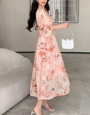 Elegant Floral Print Square Neck Midi Dress for Women - Lightweight Polyester