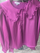 Vintage Style Fuchsia Ruffle Blouse Satin Peter Pan Collar Button Front Women