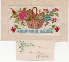 WW1 Embroidered SILK POSTCARD "From Your Daddie" + Insert