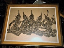 LARGE VINTAGE FRAMED GLAZED THAI BAKU MUSICIANS INK STENCIL ON TISSUE 30" X 23"