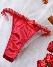 Sexy Red Glossy Satin Hollow Back Ruffle Thong Panties CD TV Sissy Knickers S 8
