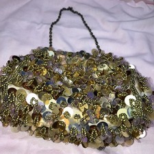Debenhams Debut Beaded Bag Purse Gold party bag Lined chain disc sequins
