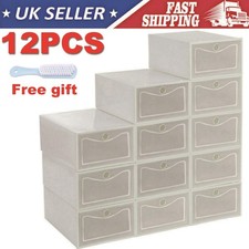 12x White Plastic Shoe Storage Boxes Drawer Stackable Foldable Durable Organiser