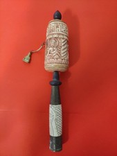 Tibetan Buddhist Prayer Wheel 10 Inch, Brass, Bone, Wood, Stone, With Scroll.