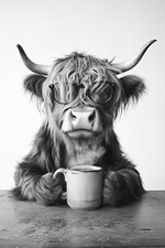 HIGHLAND COW DRINKING COFFEE