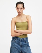 AllSaints Women's Bodysuit Green UK 10 Stretchy Smocked Fabric