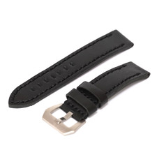 22mm Black Leather Watch Strap Brushed Fishtail Steel Buckle Thick Stitching