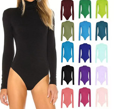 New Women's Turtle Long Sleeves Plain Polo Neck Leotard Bodysuit UK 8-26