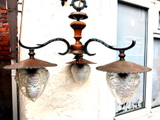 LARGE VTG 3 ARM CAST IRON & COPPERED METAL CHANDELIER  PRESSED GLASS LAMPSHADES