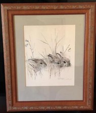 Vintage Denmark European Hare Baby Bunnies Framed Matted Print Signed Mads Stage