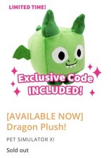 Roblox Big Games Pet Simulator X Dragon Plush Redeemable CODE INCLUDED In Hand
