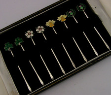 RARE CASED 8 BRITISH EMBLEMS ENAMEL STERLING SILVER COCKTAIL STICKS BARWARE 1953