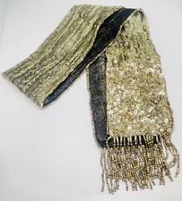 Reem Acra NY Foulard Neckerchief Scarf Gold Sequins Beaded Tassels Runway 30”