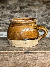 Vintage French Rustic Two Tone Stoneware One Handled Jar Pot