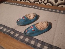 VINTAGE MOCCASINS INDIAN KIDS SHOES BLUE LEATHER LIKE MATERIAL BEADED SMALL