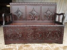 Carved Brazilian mahogany panelled box settle circa 1920 (ref 627) 